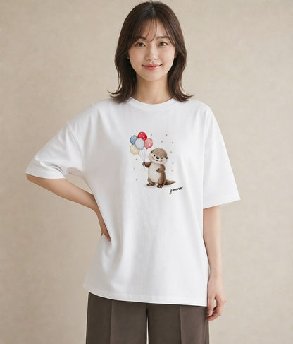 デザインTシャツ レディース カワウソ 動物 アニマル イラスト 旅行コーデ 旅行 母娘コーデ 白T YMAZO