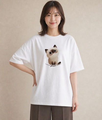 グラフィックTシャツ レディース スコティッシュフォールド 猫 ねこ イラスト シンプル ホワイトデー 春服 白T YMAZO