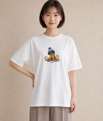 プリントTシャツ レディース イカ 海の生き物 海 イラスト ラフ 女子会 お揃い 白T YMAZO
