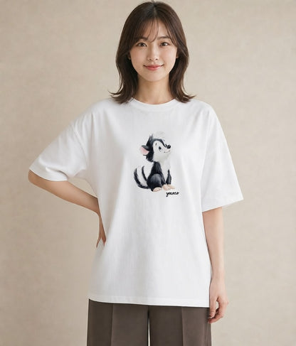 プリントTシャツ レディース 子犬 犬 いぬ イラスト きれいめ 在宅 公園 白T YMAZO