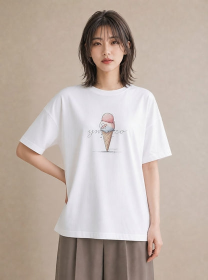 Tシャツ レディース ソフトクリーム 食べ物 フード イラスト こなれ感 ギフト 母の日 白T YMAZO