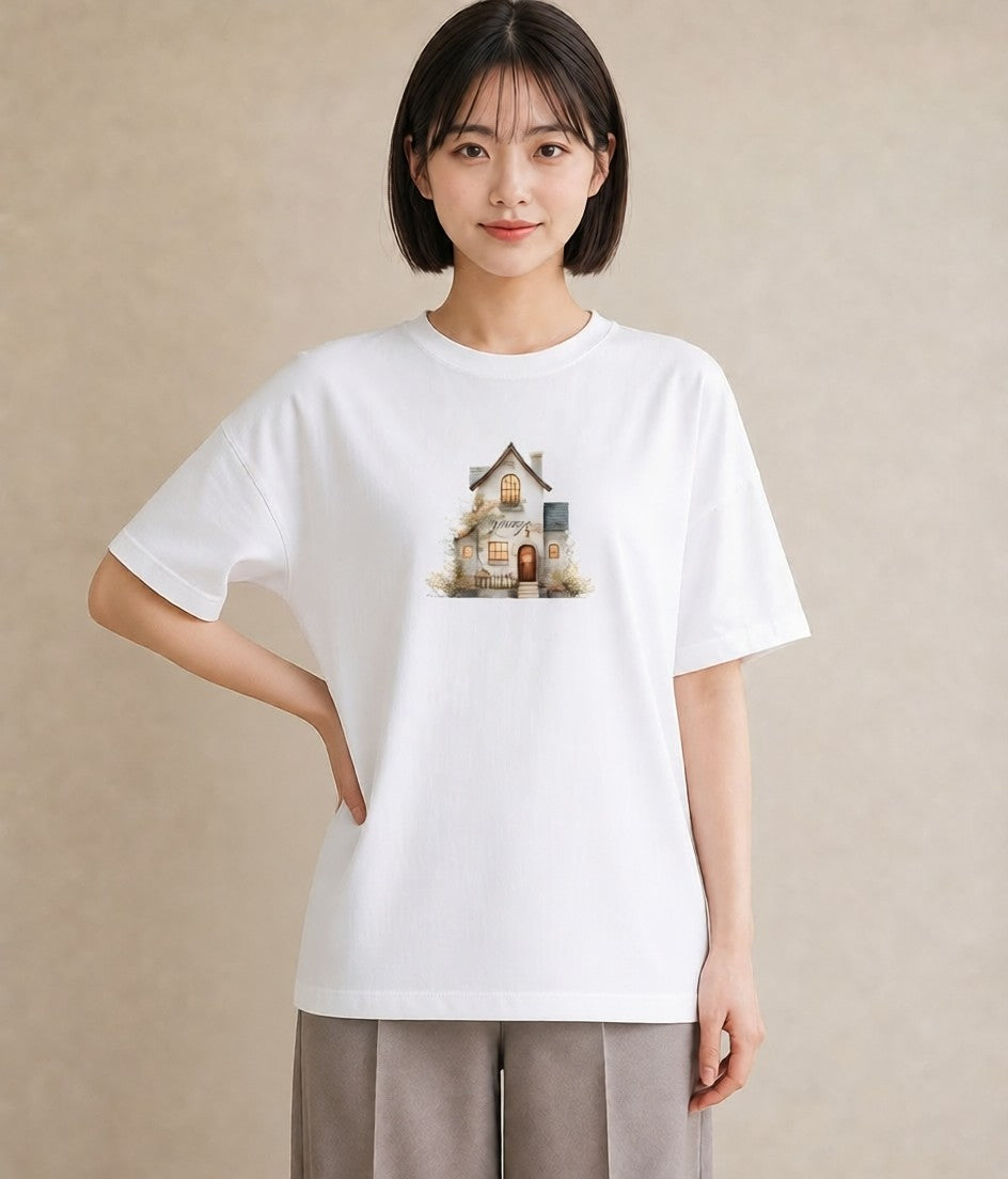 グラフィックTシャツ レディース 灯りの家 小屋 夜 ナチュラル アンティーク イラスト ラフ 女性向けギフト 散歩 白T YMAZO