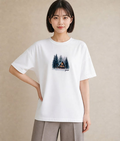 グラフィックTシャツ レディース 湖畔の小屋 湖 小屋 ナチュラル アンティーク イラスト ゆるかわ レイヤード 友達ギフト 白T YMAZO