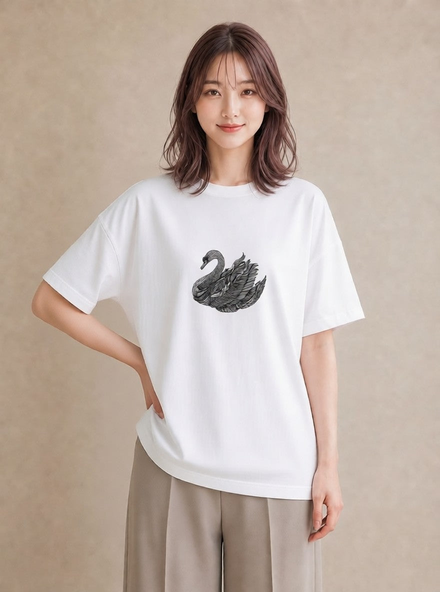 Tシャツ レディース ハクチョウ 動物 アニマル イラスト 夏コーデ 通学 白T YMAZO