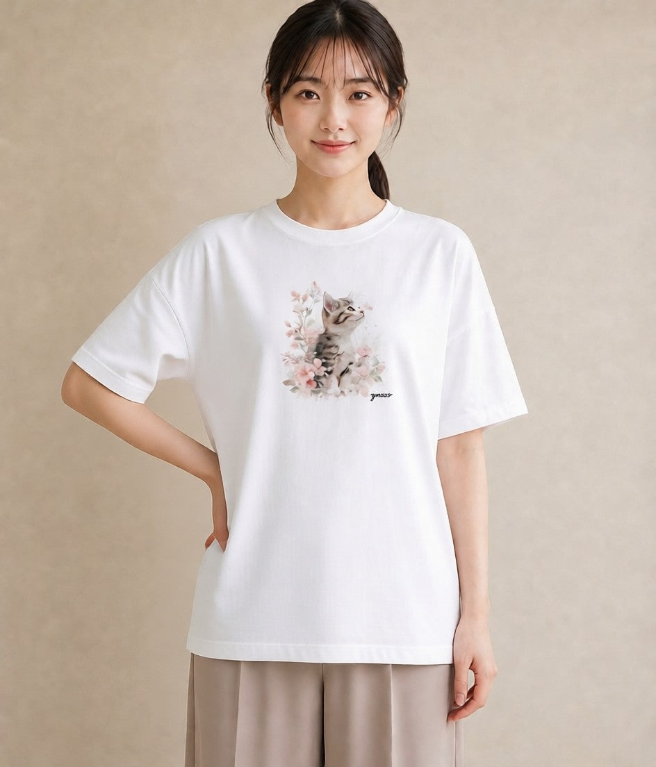 プリントTシャツ レディース ねこ 猫 ネコ イラスト 休日コーデ 友達ギフト 部屋着 白T YMAZO