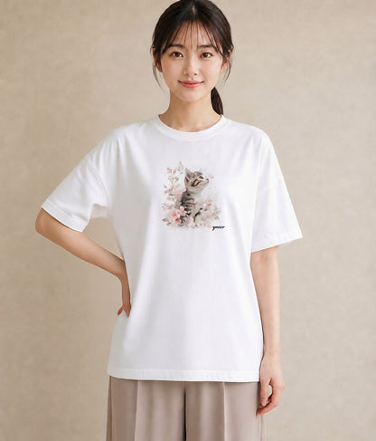 プリントTシャツ レディース ねこ 猫 ネコ イラスト 休日コーデ 友達ギフト 部屋着 白T YMAZO