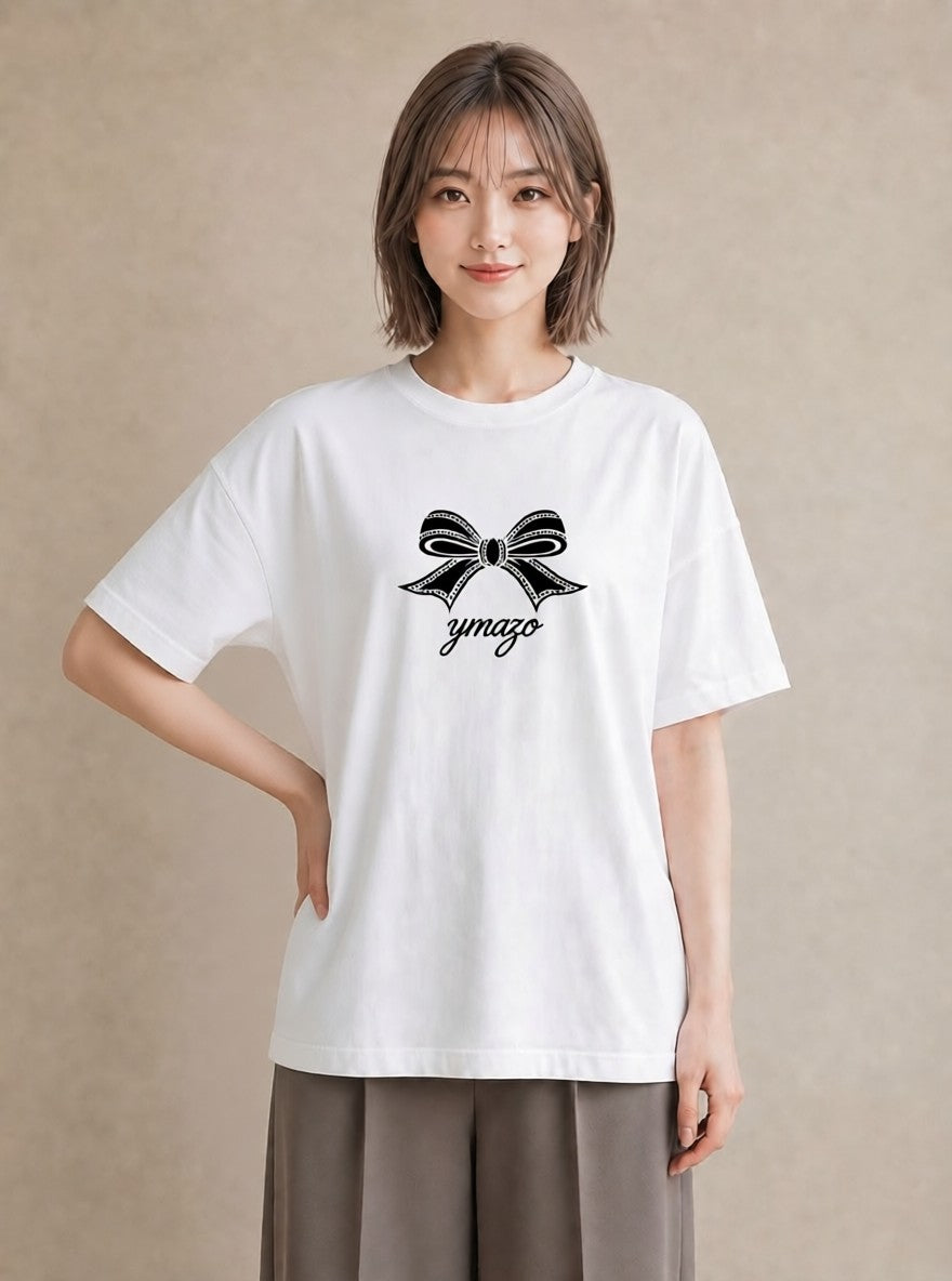 プリントTシャツ レディース リボン 蝶結び ナチュラル アンティーク イラスト カフェ服 クリスマス 白T YMAZO