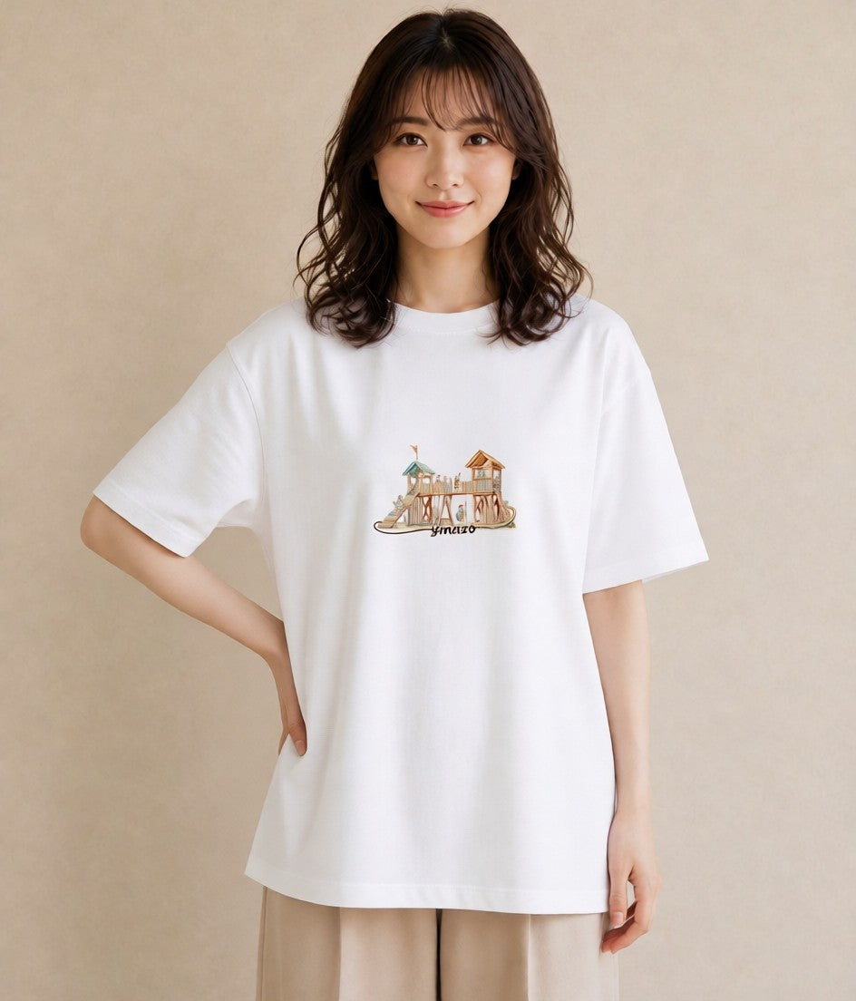 デザインTシャツ レディース 小川 橋 せせらぎ ナチュラル アンティーク イラスト カフェコーデ 姉妹 送別ギフト 白T YMAZO