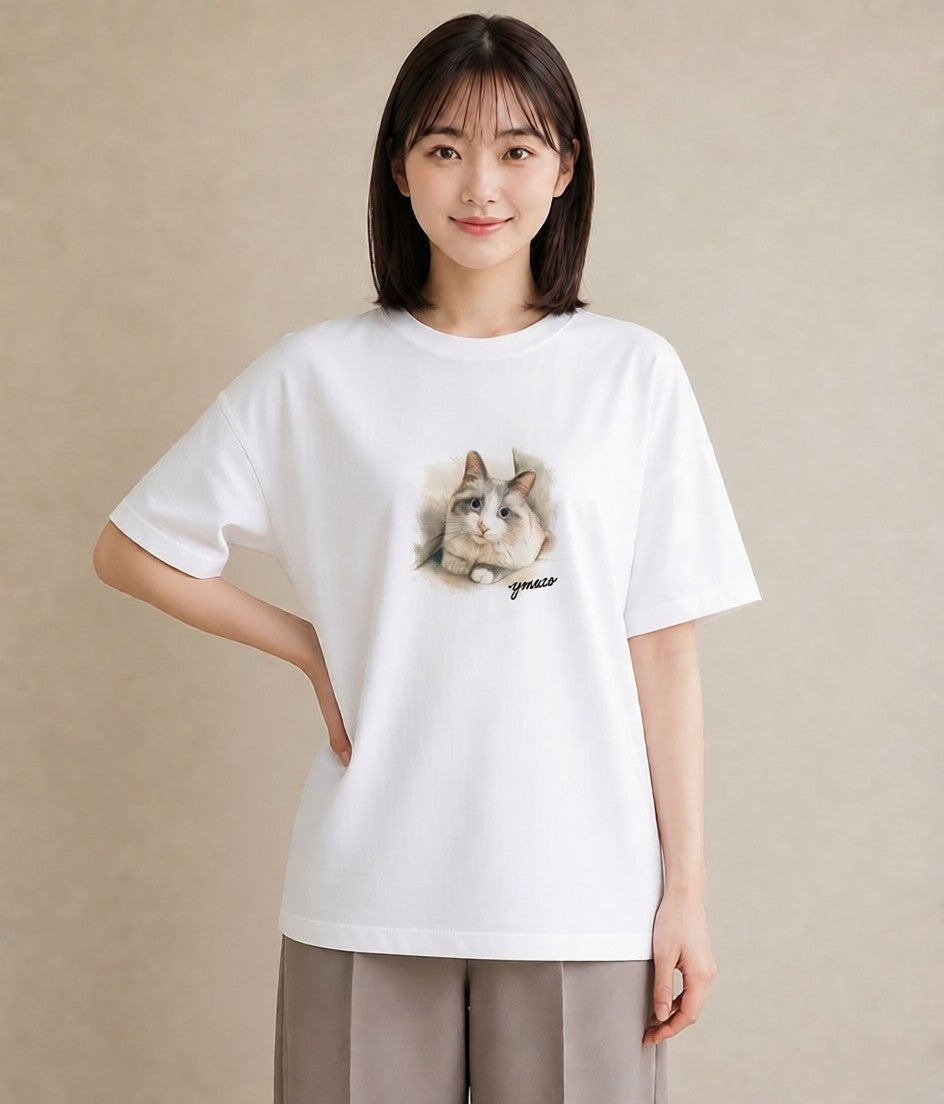 デザインTシャツ レディース サビ猫 猫 ねこ イラスト ボタニカル 休日 ペアコーデ 白T YMAZO