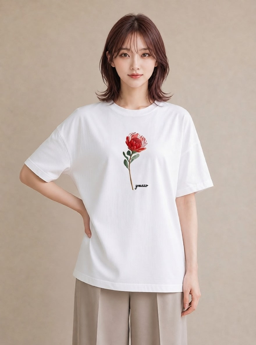 半袖Tシャツ レディース ポスト 野の花 レトロ ナチュラル アンティーク イラスト 上品 休日 ペアコーデ 白T YMAZO