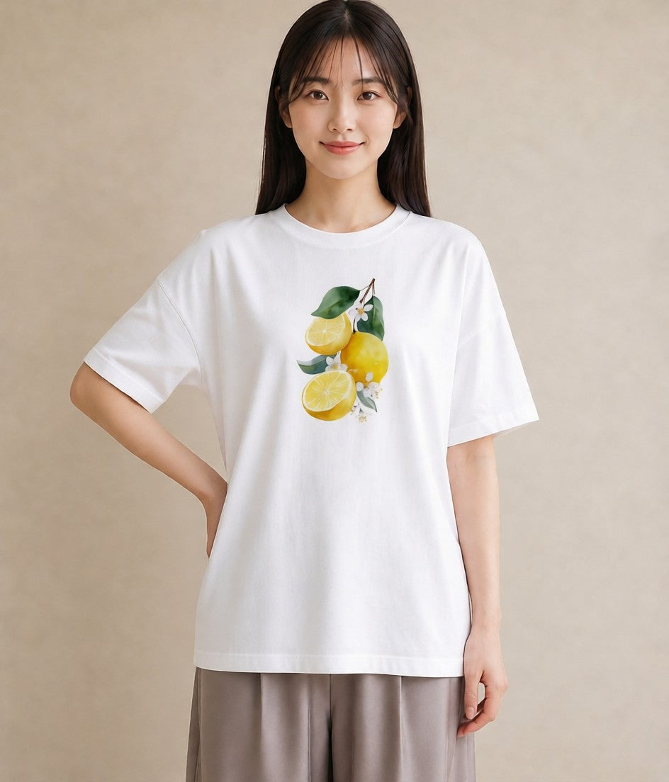 半袖Tシャツ レディース レモン 檸檬 食べ物 フード イラスト カフェコーデ 海 カフェ巡り 白T YMAZO