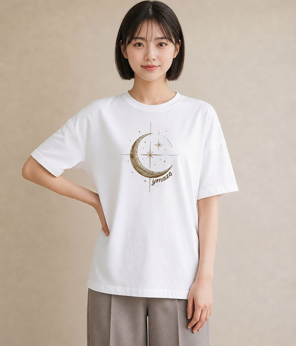 Tシャツ レディース 月と星 星空 ムーン イラスト シック お出かけ 普段着 白T YMAZO