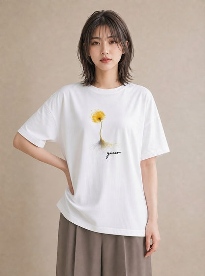 グラフィックTシャツ レディース たんぽぽ 花 花柄 イラスト ヴィンテージ風 誕生日プレゼント 綿100 白T YMAZO
