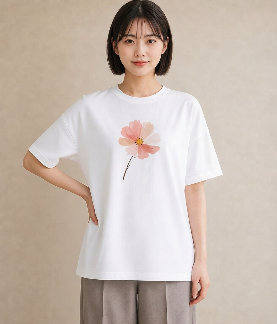 プリントTシャツ レディース ミモザ 花 花柄 イラスト ミニマル ペアコーデ 秋コーデ 白T