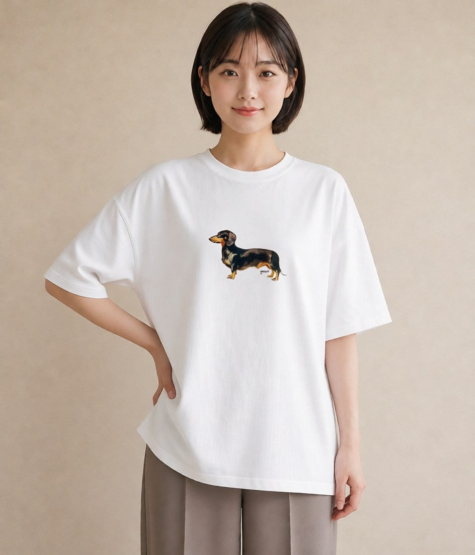 半袖Tシャツ レディース ミニチュアダックスフンド 犬 いぬ イラスト モード ルームウェア ギフト 白T YMAZO