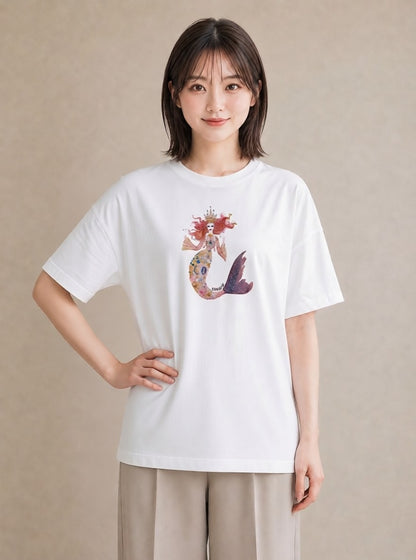 Tシャツ レディース 人魚 海の生き物 海 イラスト シンプル ミセス 春コーデ 白T YMAZO