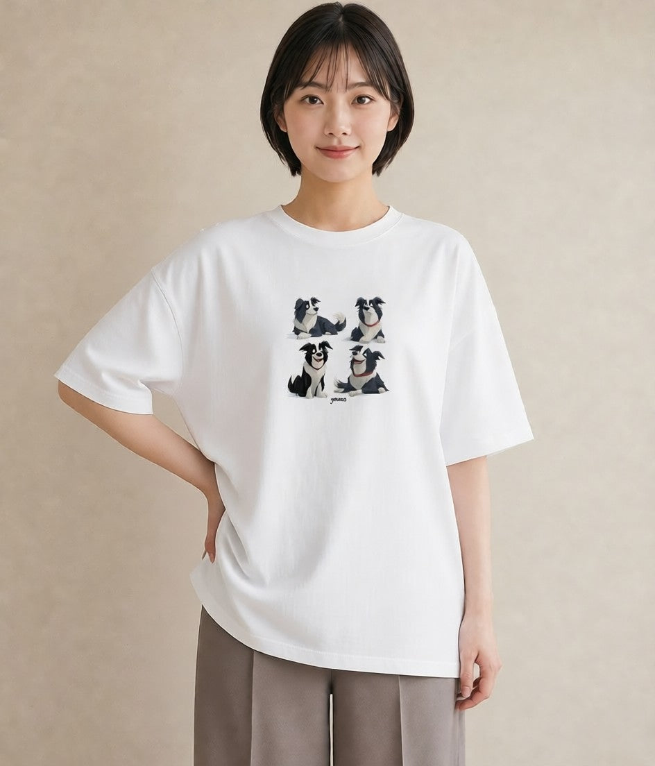 グラフィックTシャツ レディース ボーダーコリー 犬 いぬ イラスト 北欧風 カフェ服 クリスマス 白T YMAZO