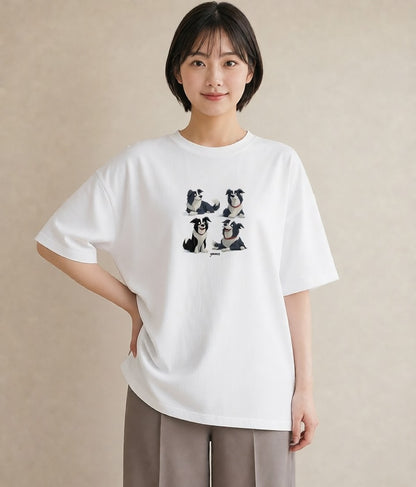 グラフィックTシャツ レディース ボーダーコリー 犬 いぬ イラスト 北欧風 カフェ服 クリスマス 白T YMAZO