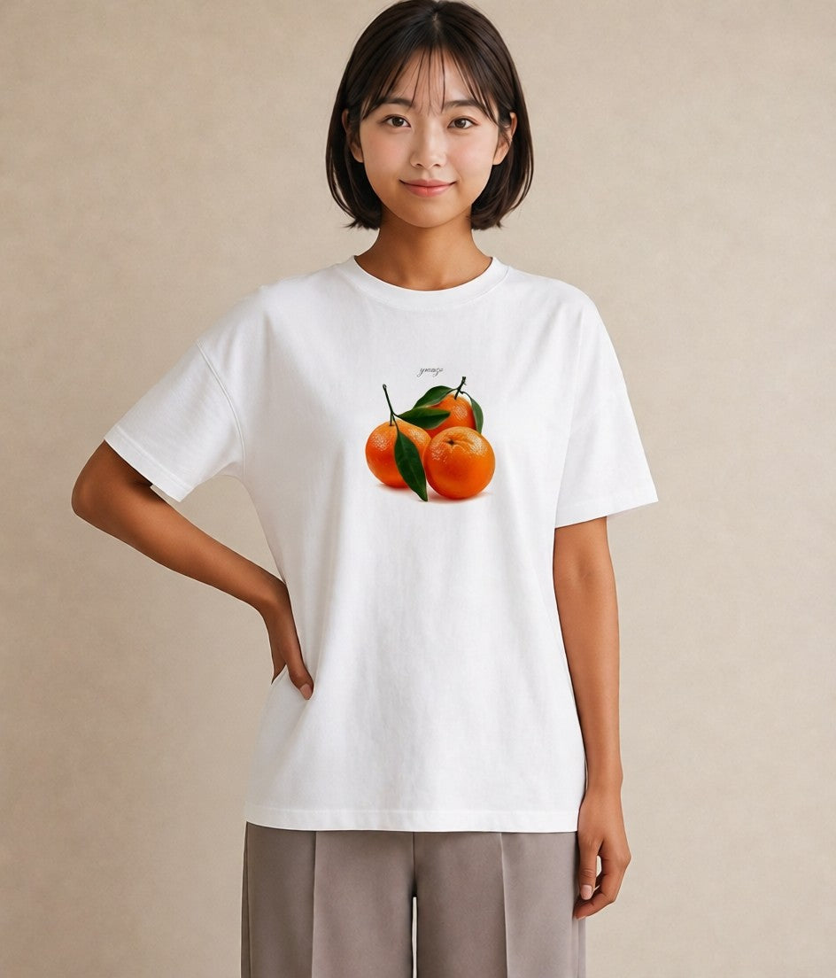 グラフィックTシャツ レディース みかん 食べ物 フード イラスト きれいめカジュアル 通勤 在宅 白T YMAZO