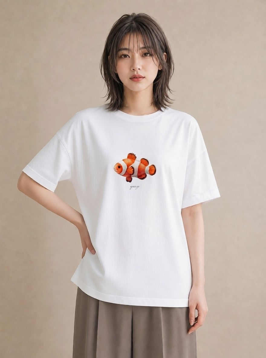 半袖Tシャツ レディース らんちゅう ペット 動物 イラスト 韓国風 カジュアルコーデ 買い物 白T YMAZO
