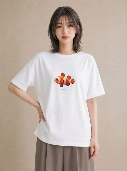 半袖Tシャツ レディース らんちゅう ペット 動物 イラスト 韓国風 カジュアルコーデ 買い物 白T YMAZO