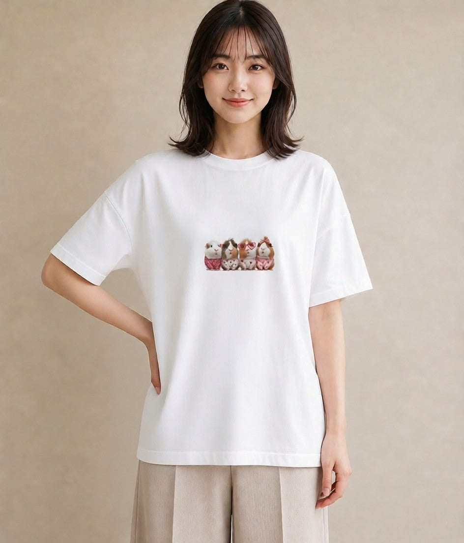 Tシャツ レディース モルモット ペット 動物 イラスト ラフ 誕生日プレゼント 綿100 白T YMAZO