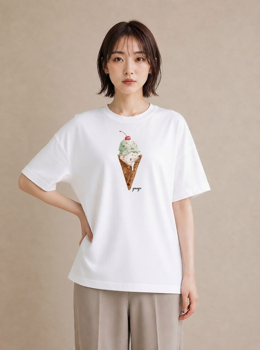 グラフィックTシャツ レディース パフェ 食べ物 フード イラスト 淡色 カフェ巡り 女子会 白T YMAZO