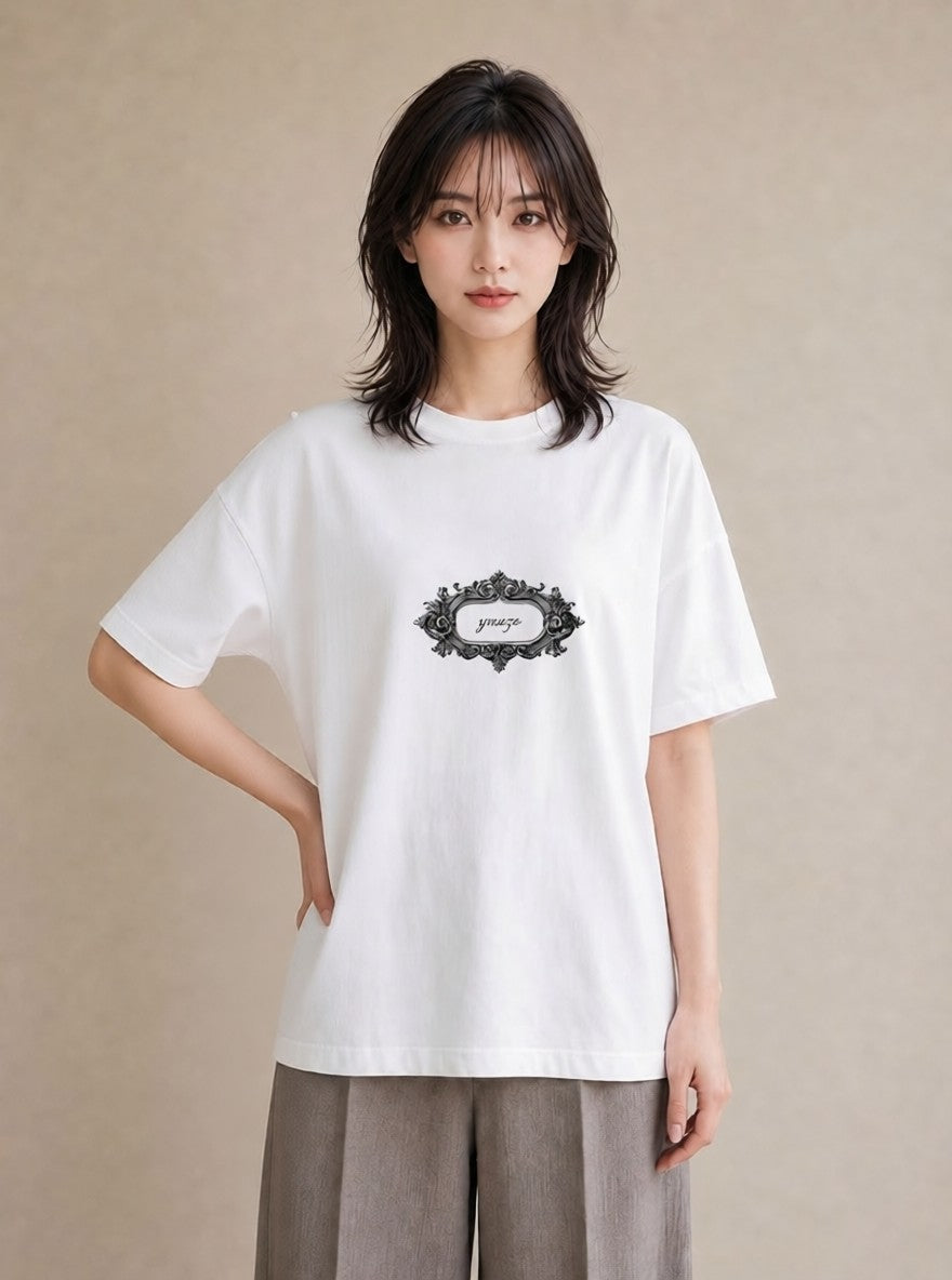 デザインTシャツ レディース 手鏡 アンティーク レトロ ナチュラル イラスト 休日コーデ ビーチ デイリーウェア 白T YMAZO