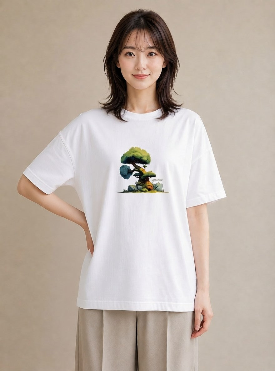 プリントTシャツ レディース 盆栽 植物 ボタニカル イラスト ゆるかわ カジュアルコーデ 買い物 白T YMAZO