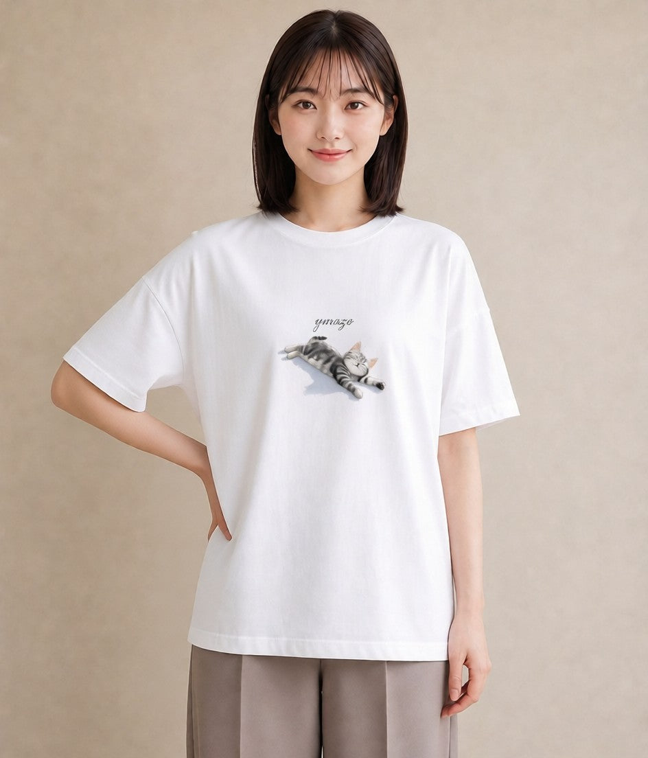 デザインTシャツ レディース 肉球 猫 ねこ イラスト カフェ巡り 女子会 白T YMAZO