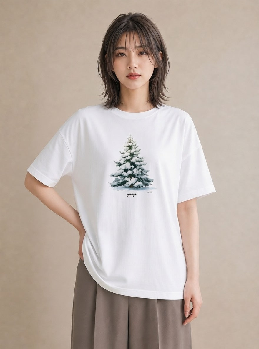 Tシャツ レディース 雪 星空 宇宙 イラスト 個性的 デイリーウェア 休日 白T YMAZO