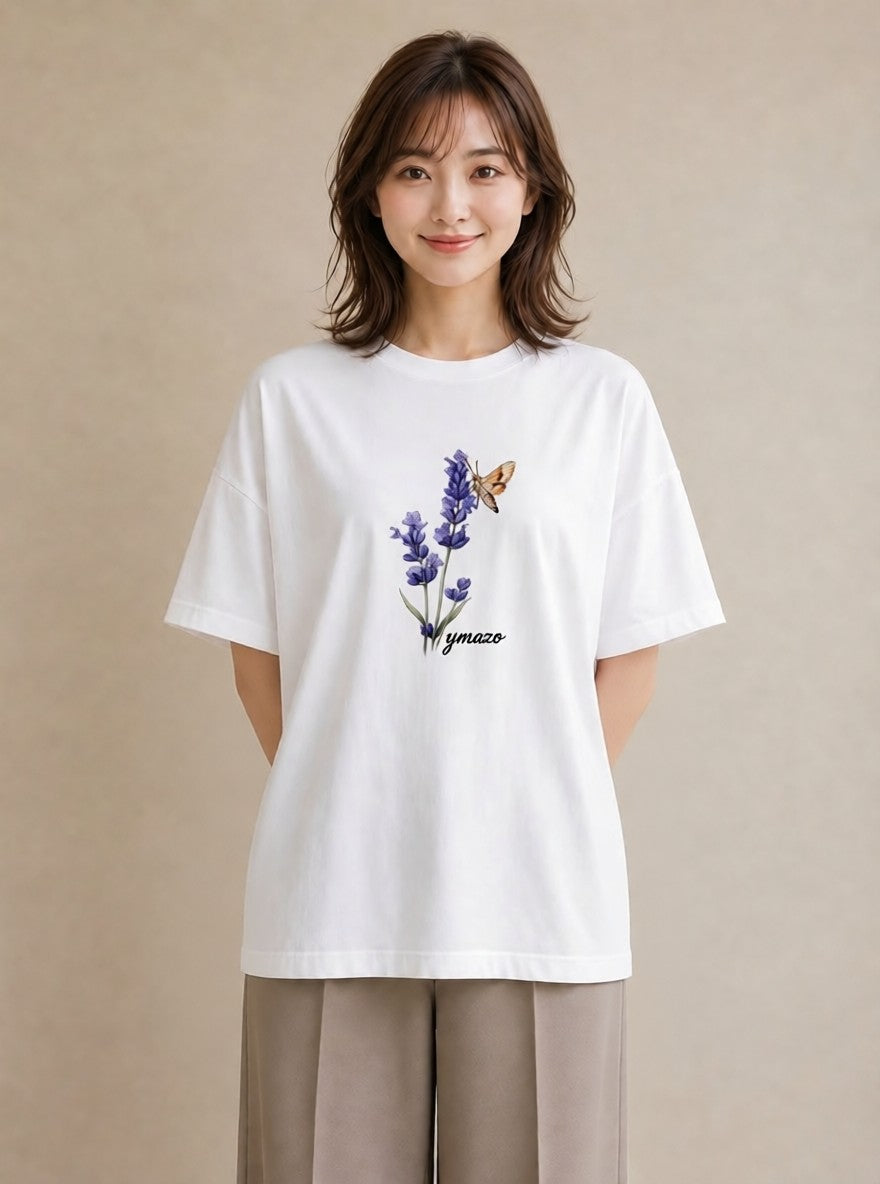 デザインTシャツ レディース ラベンダー 花 花柄 イラスト 線画 自分用 ルームウェア 白T