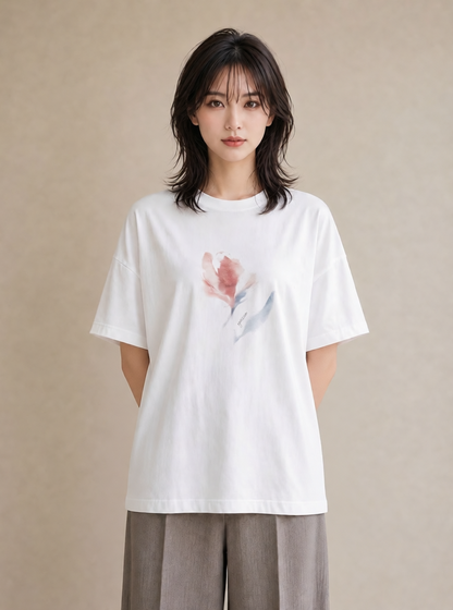 プリントTシャツ レディース チューリップ 花 花柄 イラスト ユニーク 在宅 公園 白T YMAZO