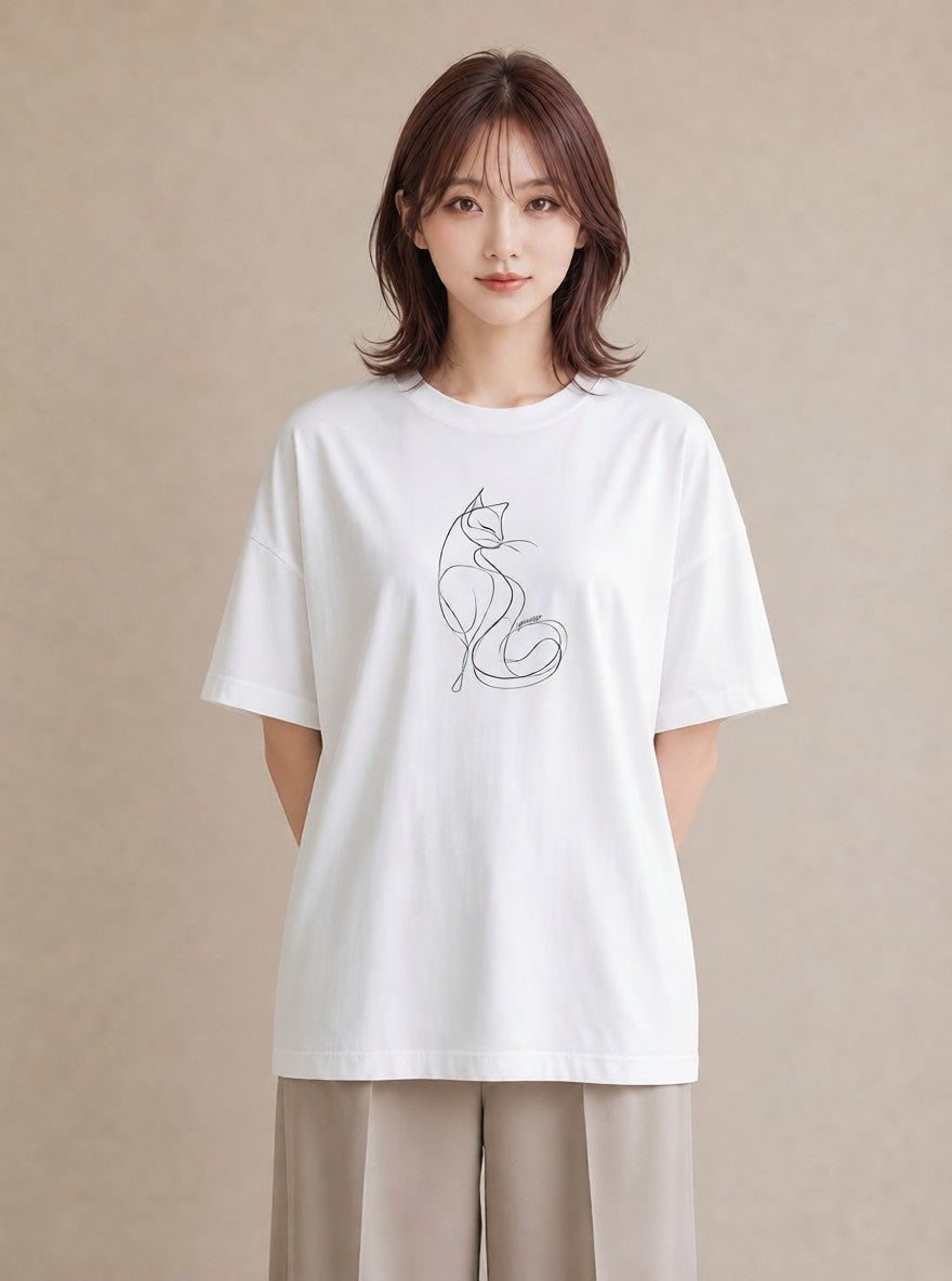 半袖Tシャツ レディース 猫 ねこ ネコ イラスト 休日コーデ 送別ギフト 通勤 白T YMAZO