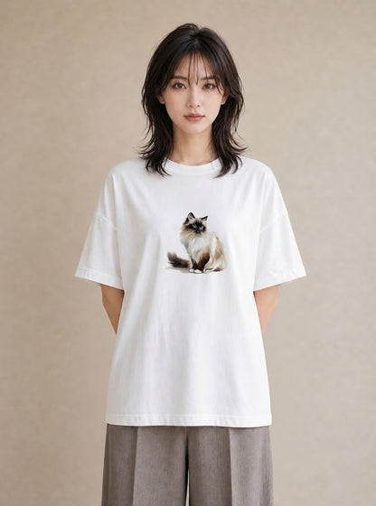 プリントTシャツ レディース おすわり猫 猫 ねこ イラスト フェミニン 普段着 週末コーデ 白T YMAZO