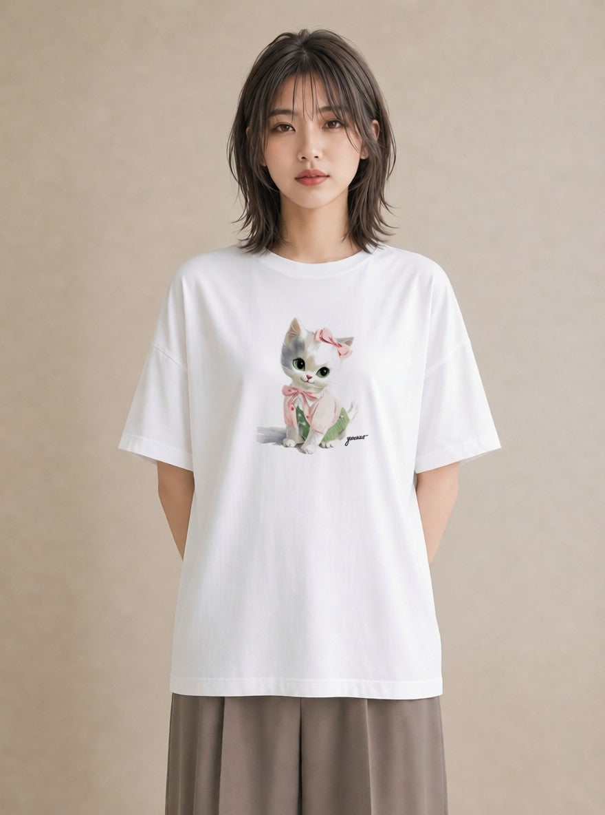 デザインTシャツ レディース 子猫 猫 ねこ イラスト 水彩風 自分用 ルームウェア 白T YMAZO