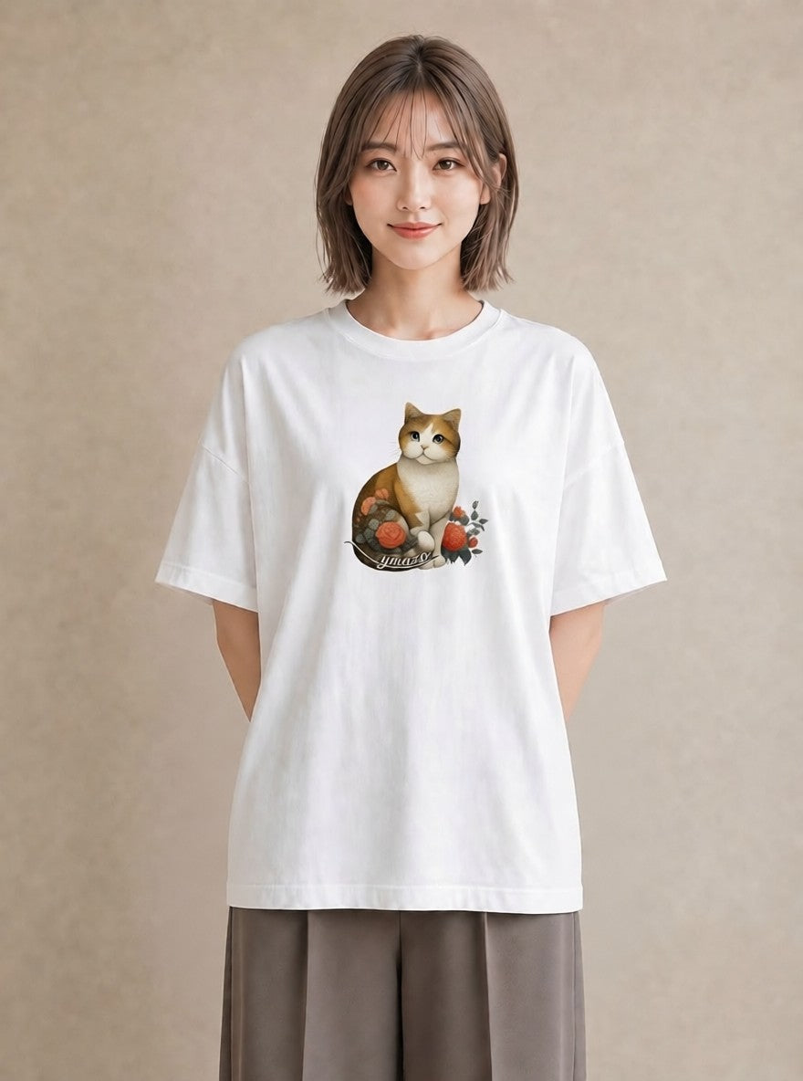 Tシャツ レディース 茶トラ 茶猫 猫 ねこ イラスト 水彩風 公園 ママ 白T YMAZO