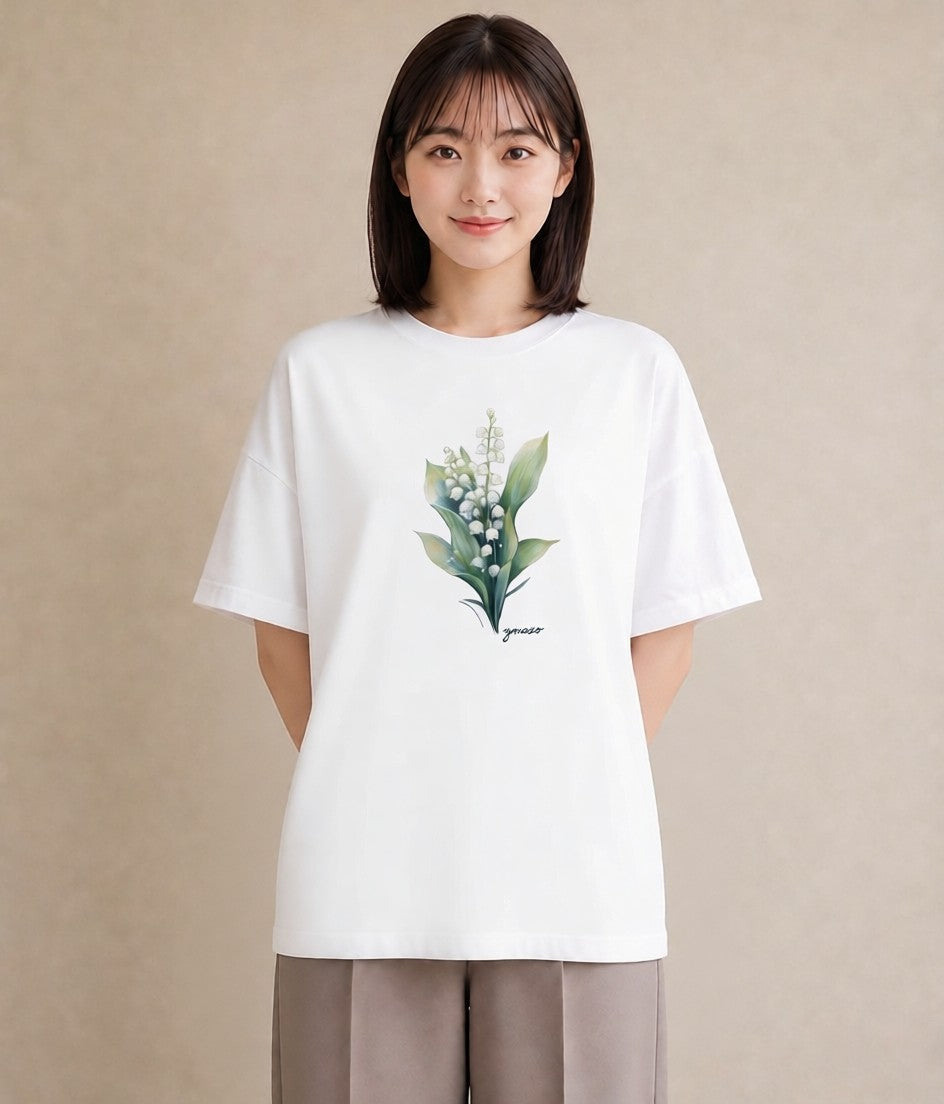 グラフィックTシャツ レディース すずらん 花 花柄 イラスト きれいめ 部屋着 女性向けギフト 白T YMAZO