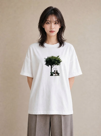 プリントTシャツ レディース 雨上がりのベンチ ベンチ ナチュラル アンティーク イラスト 水彩風 親子 20代 白T YMAZO