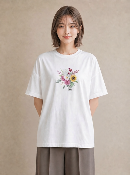 デザインTシャツ レディース ひまわり 向日葵 花 花柄 イラスト ナチュラル 母の日 ビーチ 白T YMAZO