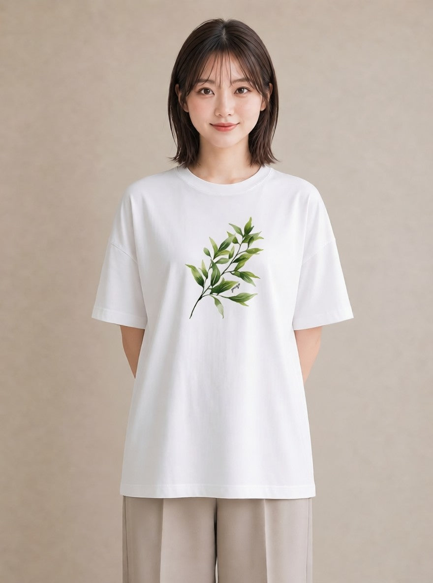 プリントTシャツ レディース 葉っぱ 植物 ボタニカル イラスト 抜け感 公園 ママ 白T YMAZO
