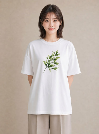 プリントTシャツ レディース 葉っぱ 植物 ボタニカル イラスト 抜け感 公園 ママ 白T YMAZO