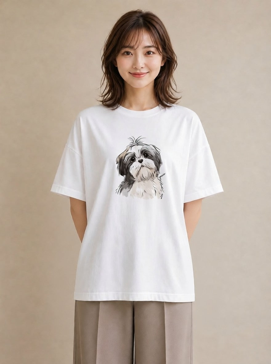 グラフィックTシャツ レディース ペキニーズ 犬 いぬ イラスト カフェコーデ ミセス 春コーデ 白T YMAZO