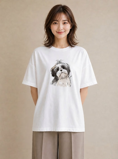グラフィックTシャツ レディース ペキニーズ 犬 いぬ イラスト カフェコーデ ミセス 春コーデ 白T YMAZO