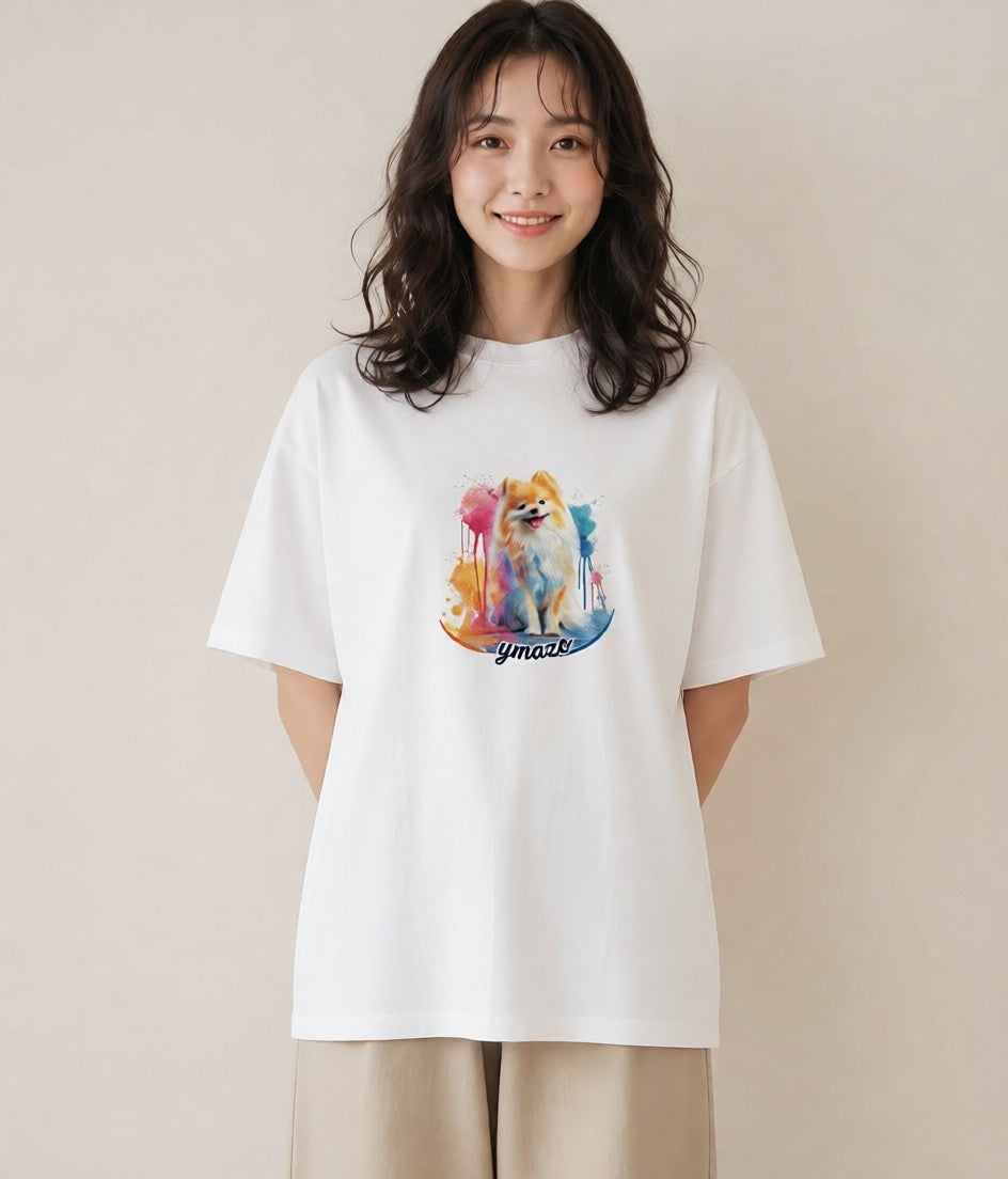 デザインTシャツ レディース ポメラニアン ポメ 犬 いぬ イラスト アート風 友達ギフト 部屋着 白T YMAZO