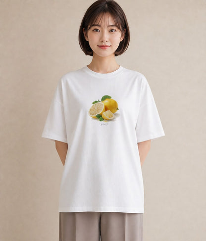Tシャツ レディース レモン 檸檬 食べ物 フード イラスト 個性的 春服 ミセス 白T YMAZO