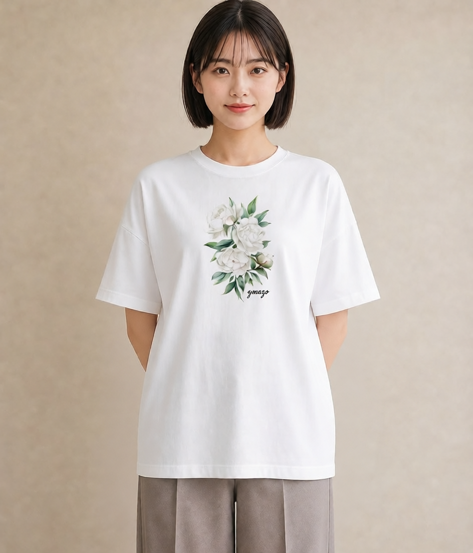 プリントTシャツ レディース 椿 花 花柄 イラスト シック ギフト 母の日 白T