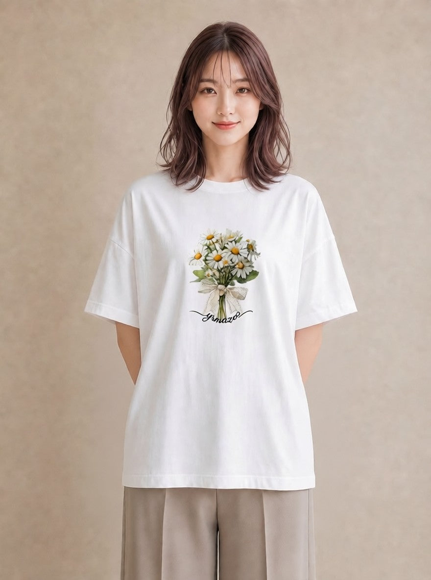 Tシャツ レディース マーガレット 花 花柄 イラスト きれいめ ギフト 母の日 白T YMAZO