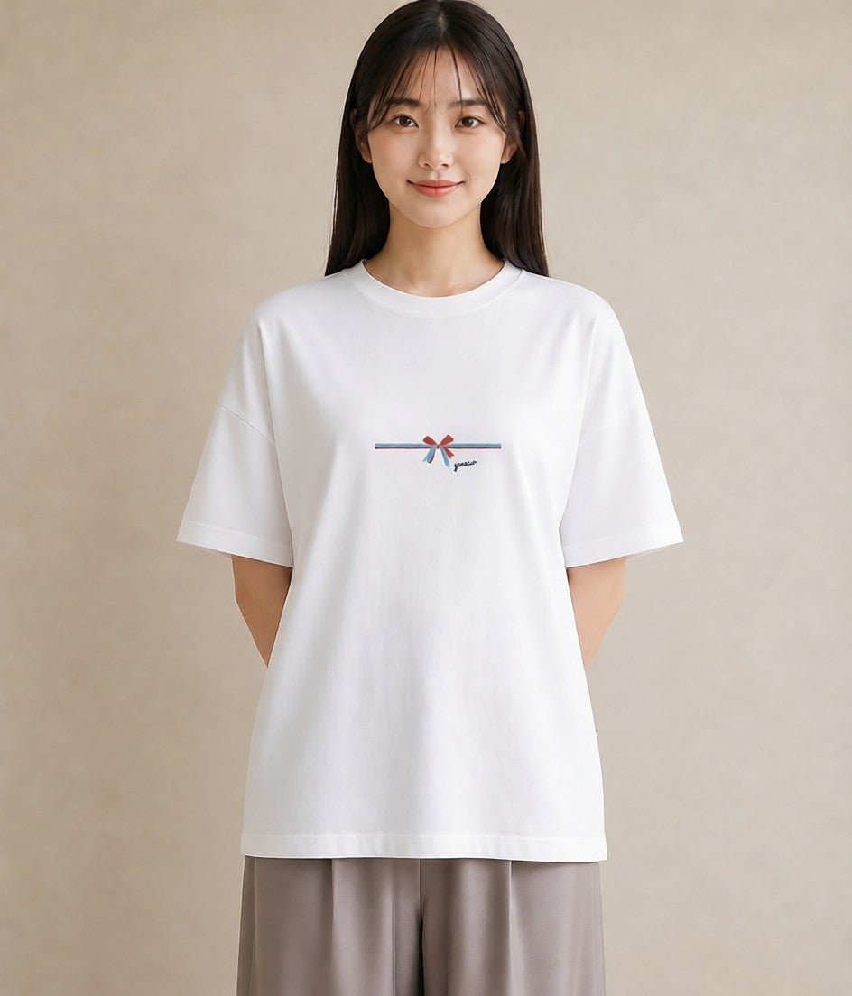 プリントTシャツ レディース リボン ボウ りぼん イラスト 普段使い 通勤 在宅 白T YMAZO