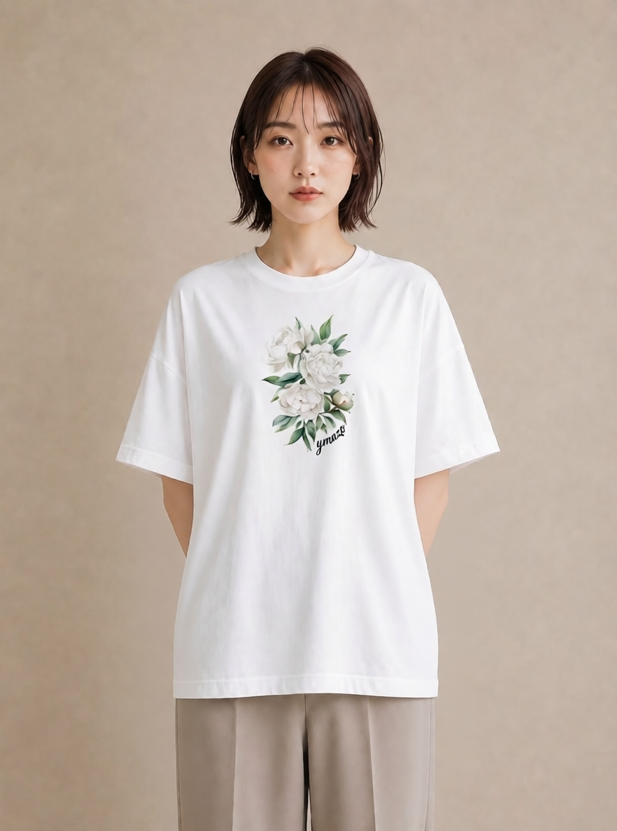 デザインTシャツ レディース 牡丹 花 花柄 イラスト 普段使い ペアコーデ 秋コーデ 白T